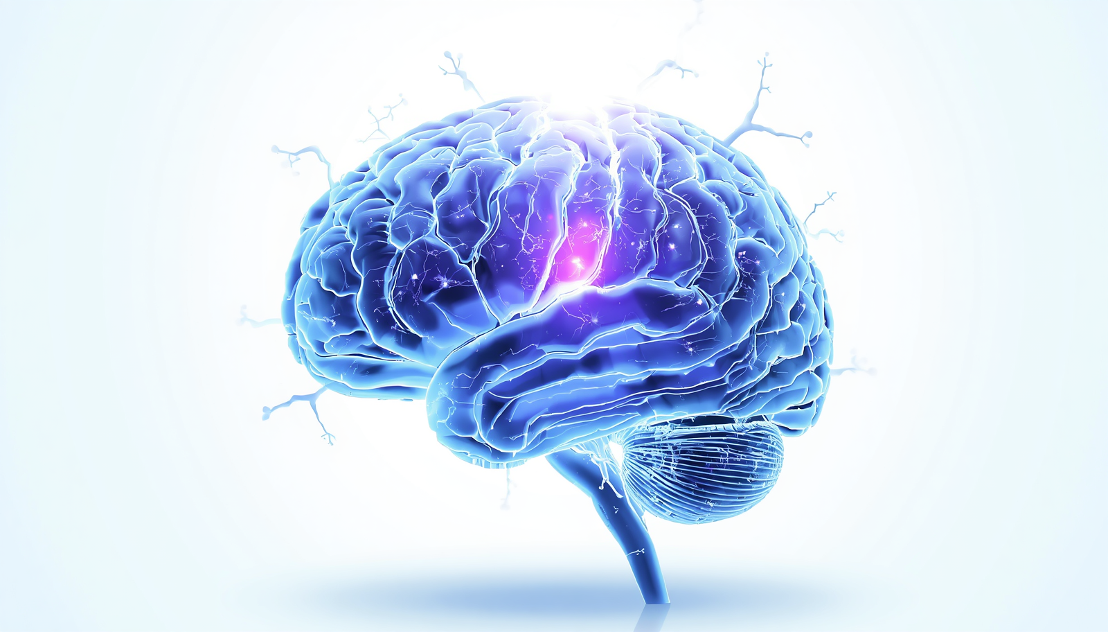 Blue brain illustration with a bright pink glow at the center and glowing neural connections in blue-white tones.
