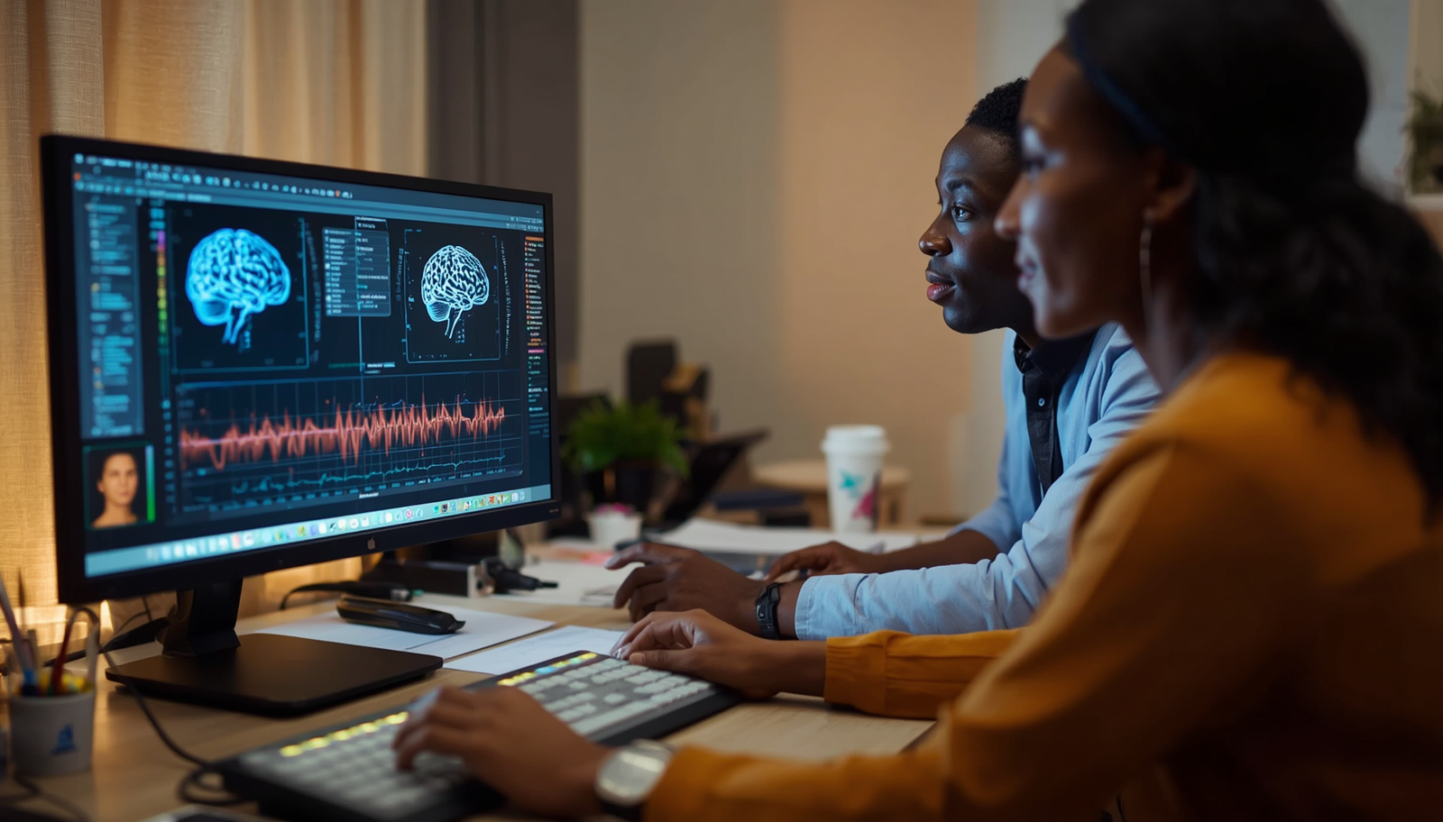 Practitioners reviewing real-time EEG data on screen