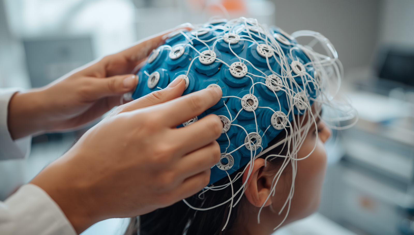 Close-up of EEG sensor placement on the scalp