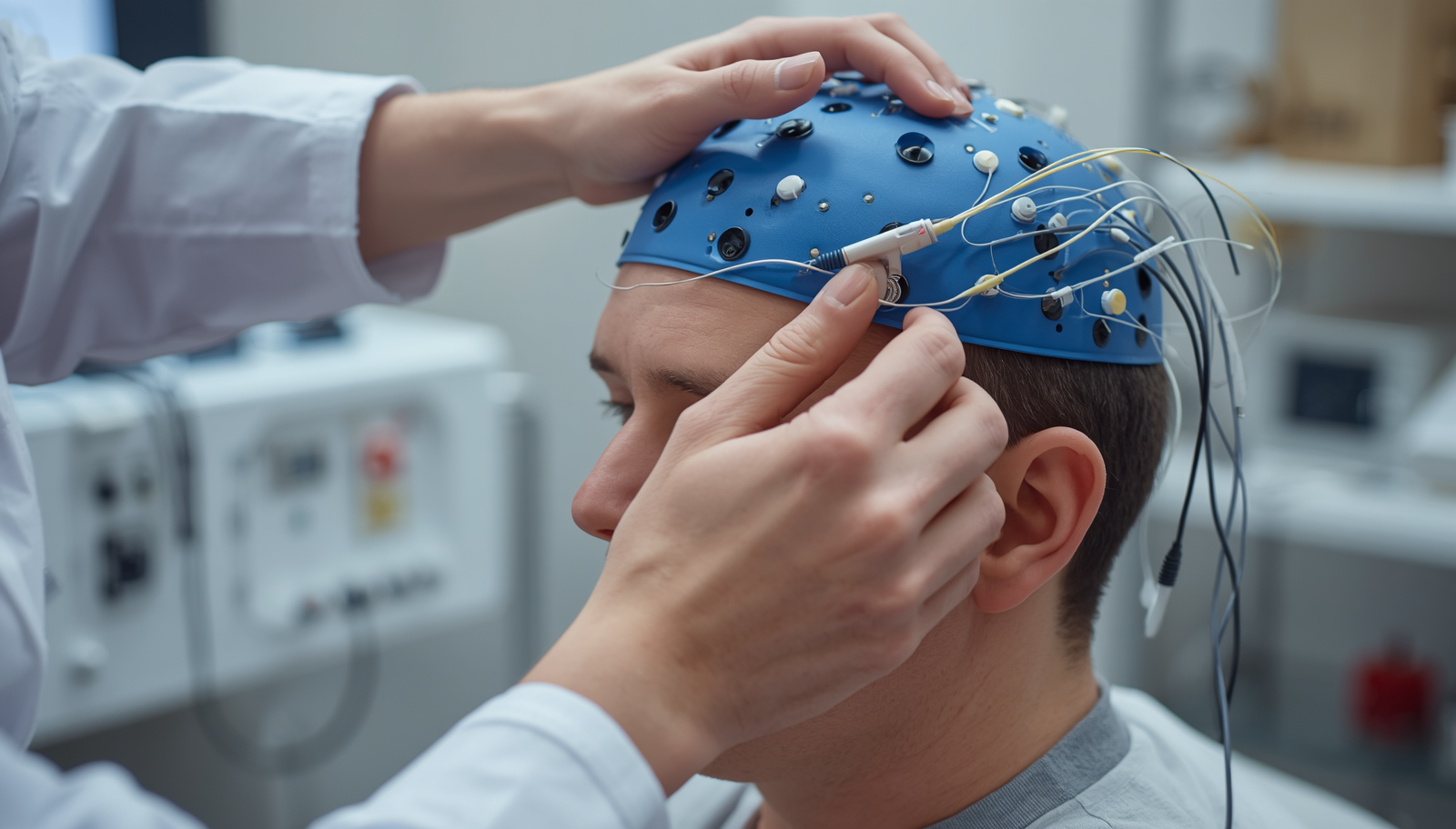 EEG sensor cap being fitted for a neurofeedback session